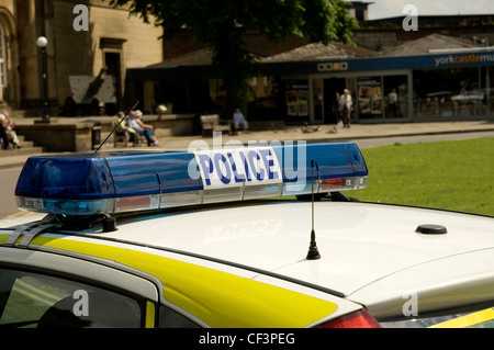 The lights and sign on top of a parked police car in York City centre. Stock Photo