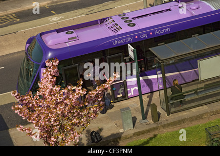 A First York FTR bus at a stop outside York railway station. Stock Photo