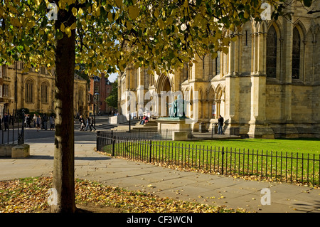 A bronze statue of Constantine the Great outside the South Transept of York Minster in autumn. Stock Photo