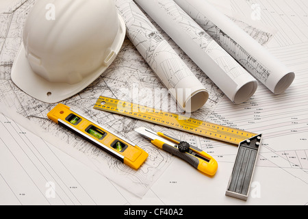 architecture blue plans and work tool Stock Photo