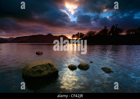 Sunset over Derwent Water in the Lake District. Stock Photo