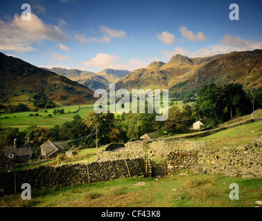 View across Langdale valley towards Langdale Pikes in the Lake District. Stock Photo