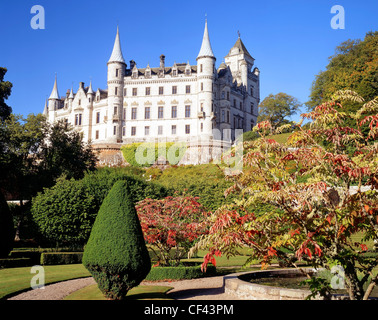 A view across the extensive walled garden of Dunrobin Castle, a stately home in Sutherland. The castle dates back to the middle Stock Photo
