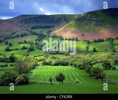 Looking across a lush fertile valley on a summer's day in Mid Wales. Stock Photo