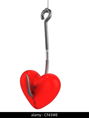 Red heart on a fishing hook isolated on white background Stock Photo