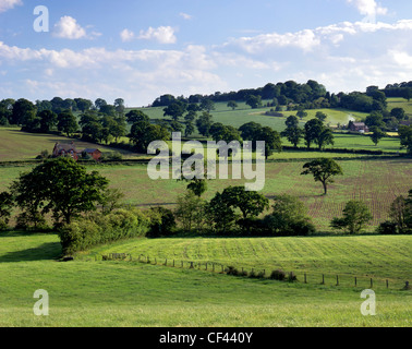 View over farmland on rolling hills in rural Cheshire. Stock Photo