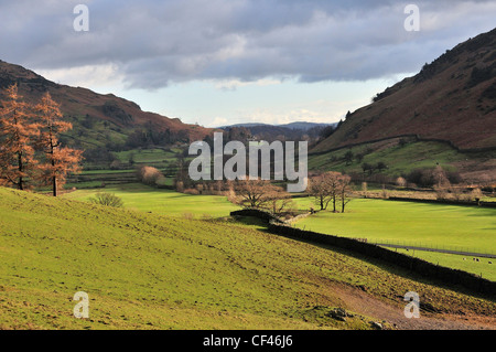 View of the Langdale Valley taken in winter from Millbeck Farm, Great Langdale, Nr. Ambleside, Cumbria, England, UK Stock Photo