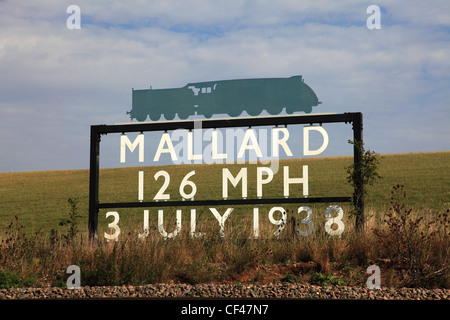 The Mallard Speed Record sign East Coast Main Line Railway, Lincolnshire, England, UK Stock Photo