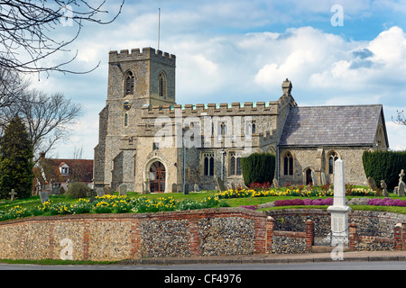 St. Swithun's Church, situated on high ground at the Cross Roads, was founded in 1136 by Geffrey de Magnaville under the Monaste Stock Photo