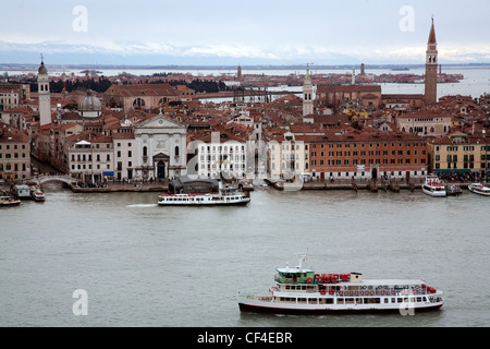 View over Venice and Tronchetto - Lido di Venezia - from the campanile - bell tower - of San Giorgio Maggiore Venice Italy Stock Photo