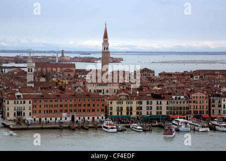 View over Venice and Tronchetto - Lido di Venezia - from the campanile - bell tower - of San Giorgio Maggiore Venice Italy Stock Photo