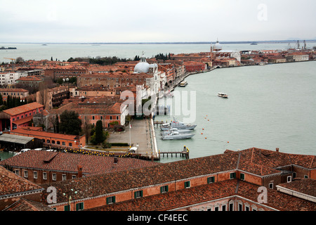 View over Venice - the Sestiere of Castello - from the top of the campanile - bell tower - of San Giorgio Maggiore Venice Italy Stock Photo