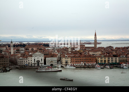 View over Venice and Tronchetto - Lido di Venezia - from the campanile - bell tower - of San Giorgio Maggiore Venice Italy Stock Photo