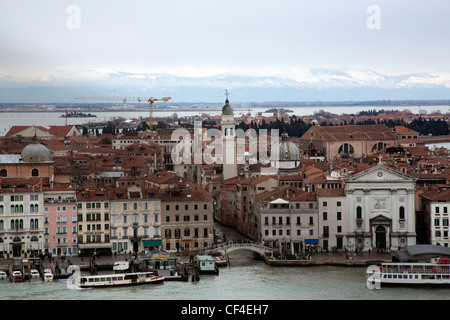 View over Venice and Tronchetto - Lido di Venezia - from the campanile - bell tower - of San Giorgio Maggiore Venice Italy Stock Photo