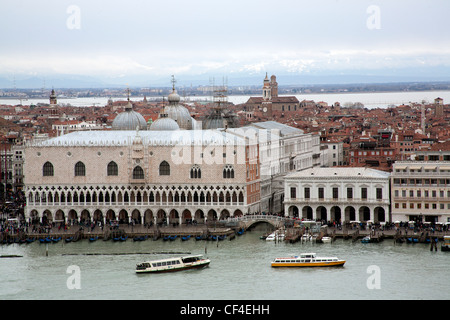 View over Venice and Tronchetto - Lido di Venezia - from the campanile - bell tower - of San Giorgio Maggiore Venice Italy Stock Photo