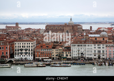View over Venice and Tronchetto - Lido di Venezia - from the campanile - bell tower - of San Giorgio Maggiore Venice Italy Stock Photo