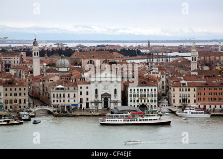 View over Venice and Tronchetto - Lido di Venezia - from the campanile - bell tower - of San Giorgio Maggiore Venice Italy Stock Photo