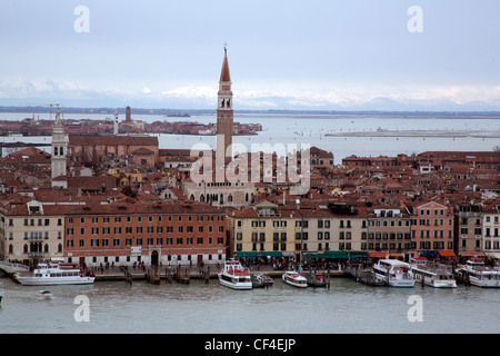 View over Venice and Tronchetto - Lido di Venezia - from the campanile - bell tower - of San Giorgio Maggiore Venice Italy Stock Photo