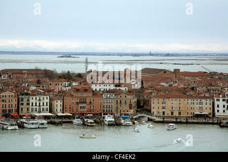 View over Venice and Tronchetto - Lido di Venezia - from the campanile - bell tower - of San Giorgio Maggiore Venice Italy Stock Photo