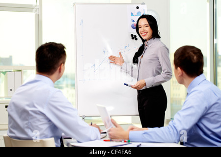 Smiling business lady carrying out presentation of a business plan