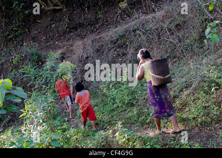 A Karen refugee woman from Burma is walking in Salawin National park with her children near Ban Tha Ta Fang, Northern Thailand. Stock Photo
