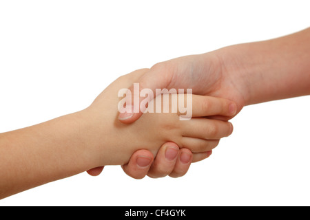 Handshake on white background. Children's hands. Close-up. Stock Photo