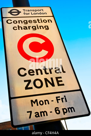 London Congestion Charge sign indicating the point and times at which a fee is charged to motorists travelling in central London Stock Photo