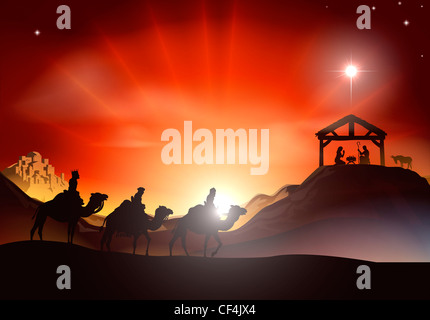 Traditional Christian Christmas Nativity scene with the three wise men Stock Photo