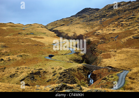 The Hardknott pass, one of the steepest roads in England with a gradient of 1 in 3 (33%). Stock Photo