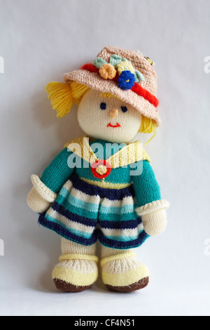 knitted doll, knitted toy - Aunty Sally character isolated on white background Stock Photo