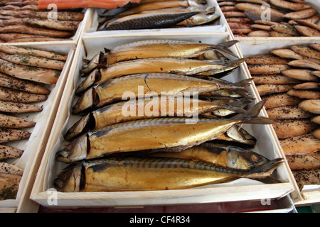 Smoked mackerel by Frank Hederman, Belvelly Smokehouse, on sale at Midleton Farmers Market. Stock Photo