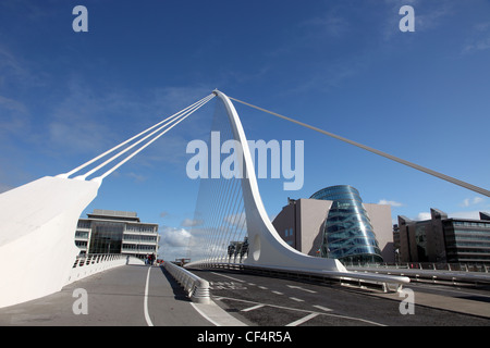 Samuel Beckett Bridge, a cable-stayed bridge designed by Spanish architect Santiago Calatrava that joins Sir John Rogerson's Qua