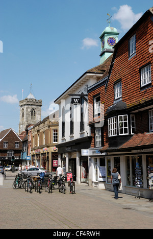 Bicycles chained to bike stands in the pedestrianised high street in Salisbury. Stock Photo