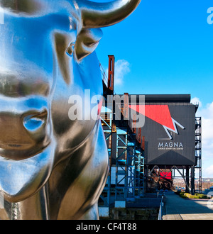 A stainless steel Bison outside the entrance to Magna Science Adventure Centre. The centre is an educational visitor attraction Stock Photo