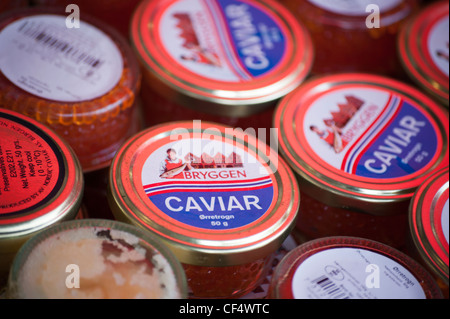 Small jars of Caviar for sale a stall in Bergen, Norway Stock Photo