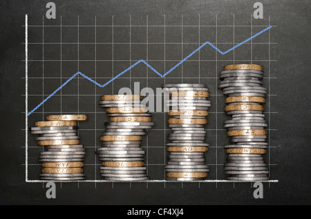 Stacks of coins on a blackboard background forming a graph Stock Photo
