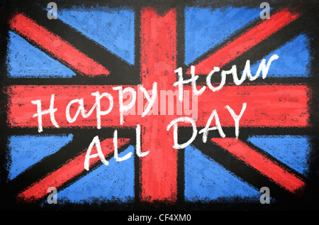 Blackboard pub sign with a chalk drawn Union Jack, which reads 'Happy Hour All Day' Stock Photo