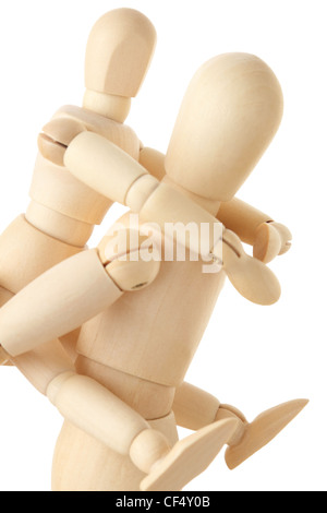 wooden figures of child sitting on back of his parent, half body, side view, isolated on white Stock Photo