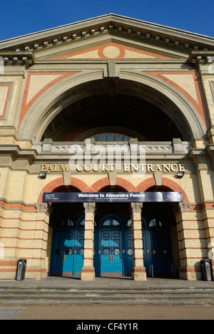 Palm Court Entrance, the main entrance into Alexandra Palace, originally opened in 1873 as 'The People's Palace', an iconic Lond Stock Photo