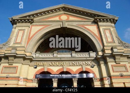 Palm Court Entrance, the main entrance into Alexandra Palace, originally opened in 1873 as 'The People's Palace', an iconic Lond Stock Photo