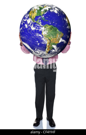 Photo of a businessman holding the world in his hands, isolated on a white background. Stock Photo