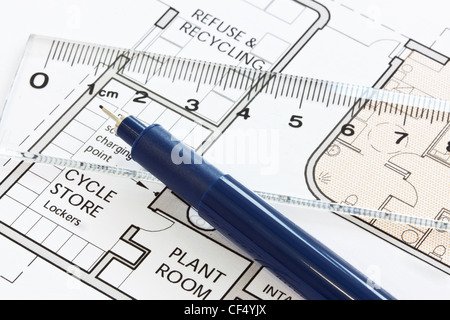 Still life photo of an exterior site drawing with pen and ruler Stock Photo