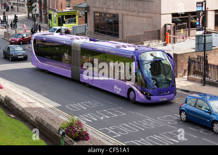 A FTR bus on route 4 in the centre of York. FTR is short for 'future' and is an example of bus rapid transport, combining a numb Stock Photo