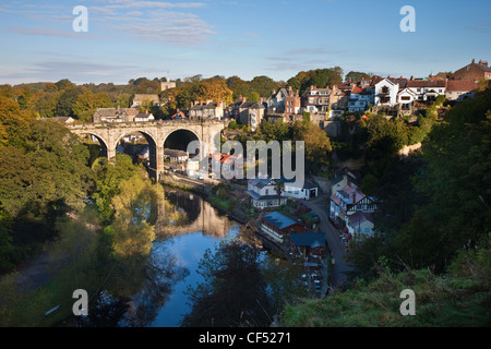 The 19th century viaduct crossing the River Nidd viewed from the Castle Gardens. Stock Photo