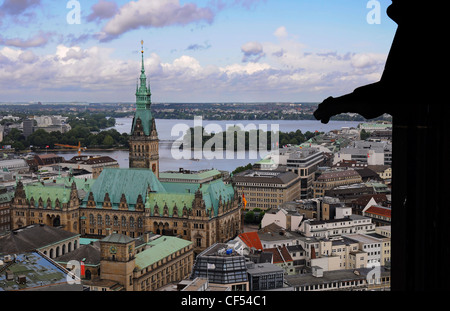 Panorama of Hamburg with Rathaus town hall and Inner Alster lake. Made from the deck of old St.Nikolai church. Stock Photo