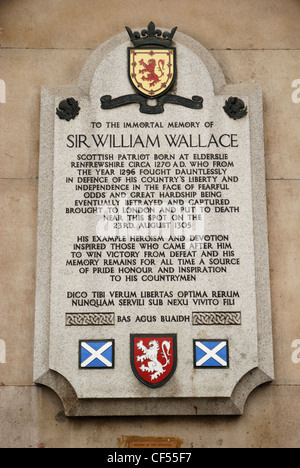 Memorial plaque to Sir William Wallace outside the old St Bartholomew's Hospital in West Smithfield. Stock Photo