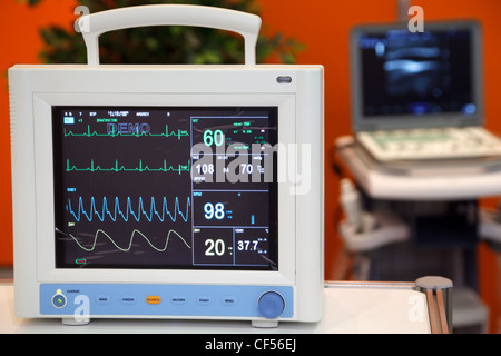 Cardiac Monitor with Vital Signs: EKG, Pulse Oximetry, Blood Pressure Stock Photo