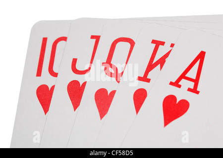 playing cards of colour of hearts isolated on white background, royal flush of hearts Stock Photo