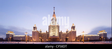 Moscow State University. Front facade view. Panorama. Evening twilight in the winter Stock Photo