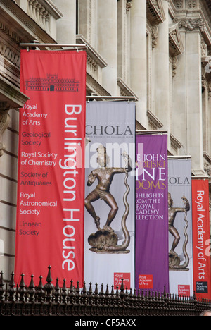 Colourful banners outside the Royal Academy of Arts. Stock Photo